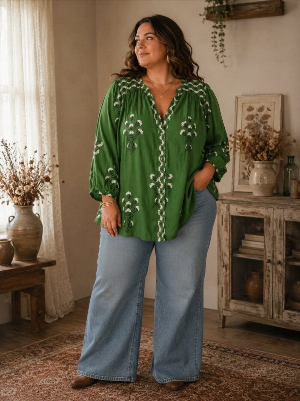 Knox Rose Green Floral Embroidered Peasant Blouse